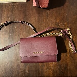 Michael Kors Wine Crossbody Bag with Gold Chain
